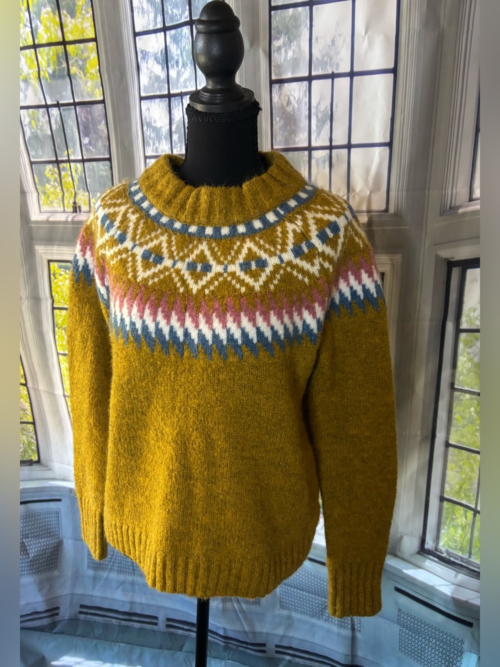 Roolee Mustard Crewneck Fair Isle Sweater with Pink & Blue Accents